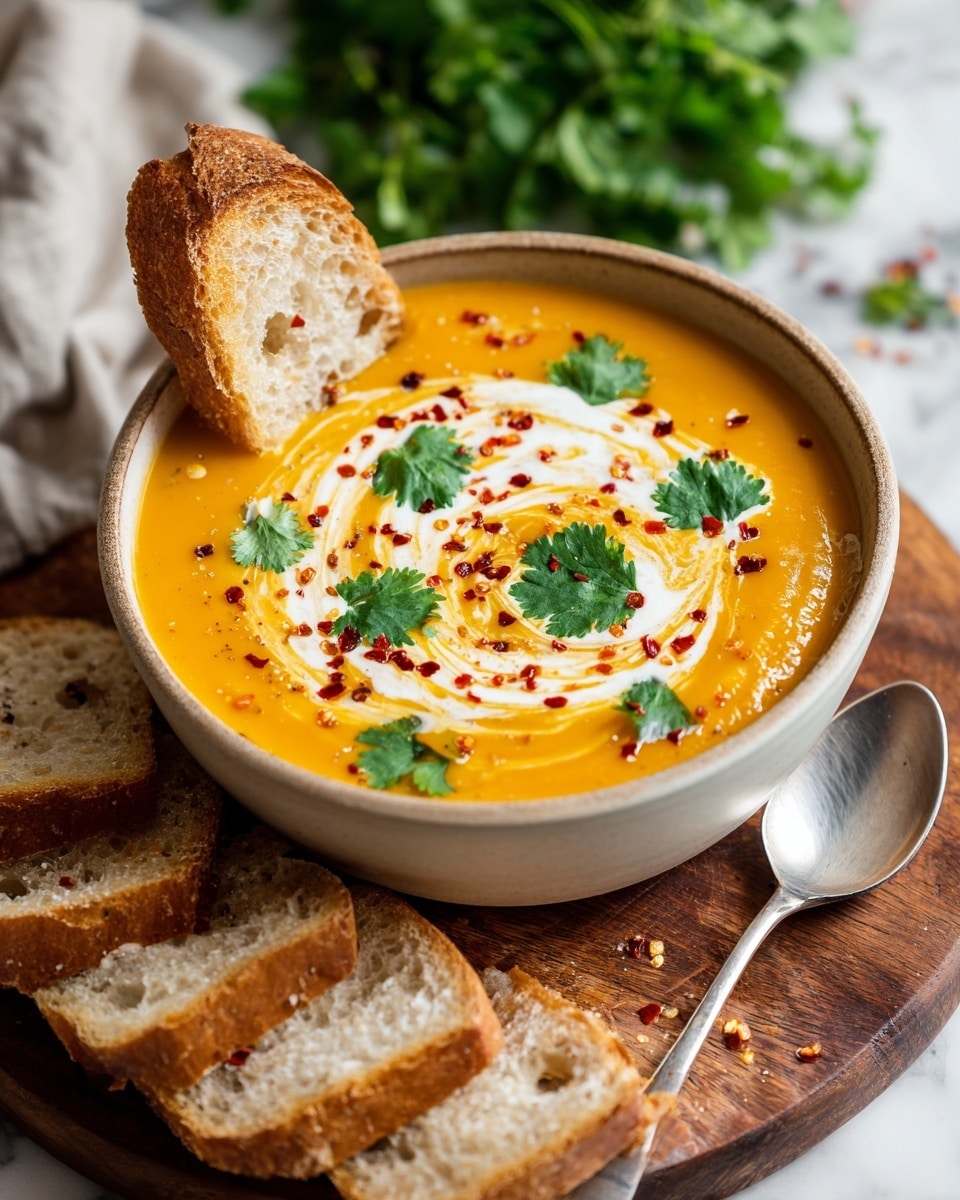 A round bowl filled with smooth orange soup takes the center, with a swirl of white cream on top, sprinkled with small red chili flakes and topped with fresh green cilantro leaves. A slice of light brown crusty bread is placed leaning on the edge of the bowl. Several slices of similar bread are arranged on a wooden board beneath the bowl. A silver spoon rests to the right on the wooden board. The whole setup is on a white marbled surface with a bunch of fresh green herbs blurred in the background. Photo taken with an iphone --ar 4:5 --v 7