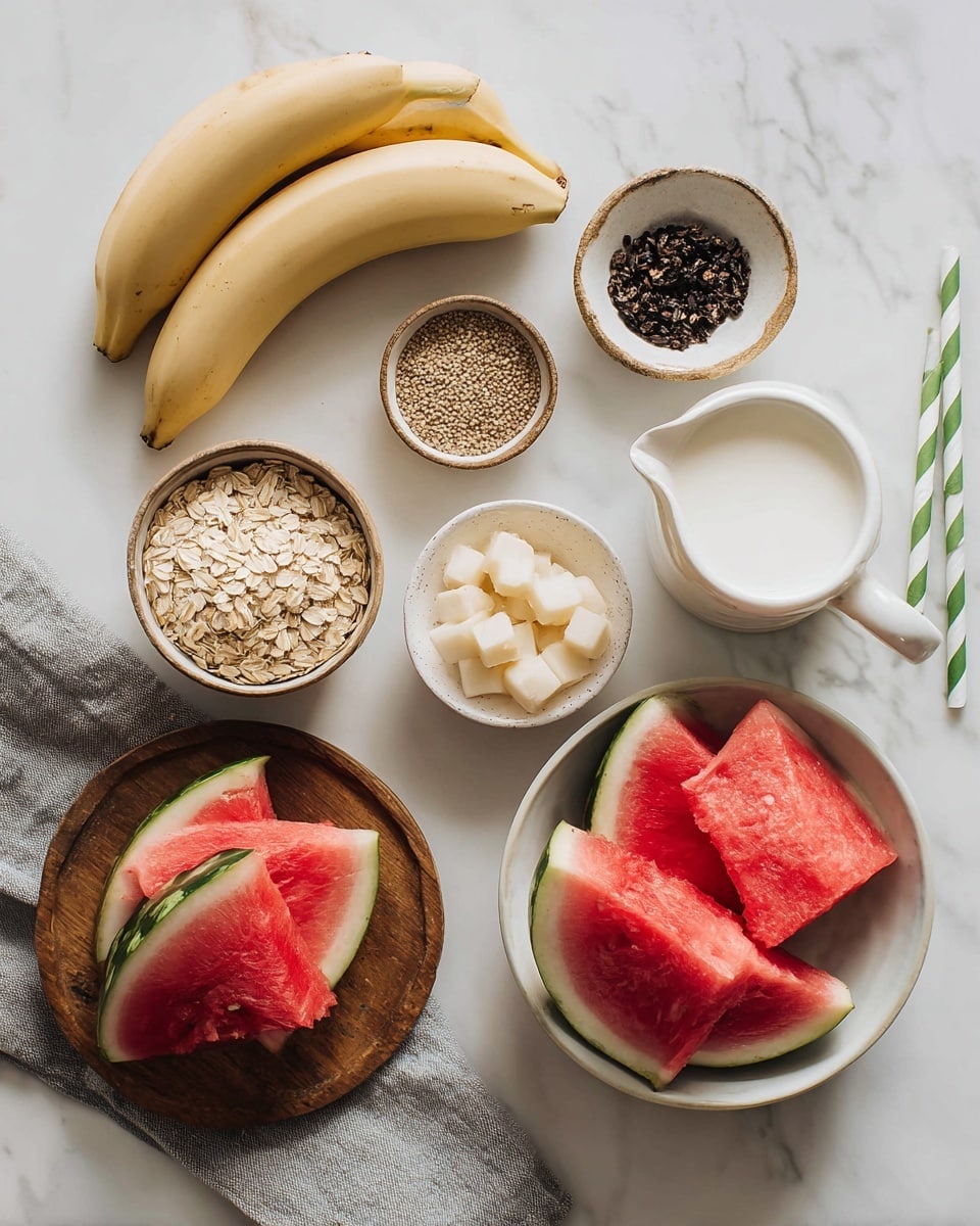 The image shows a white marbled surface with several items arranged neatly: a bunch of bananas at the top left, a small round bowl with light brown oats, a small round bowl with dark brown seeds, a white bowl filled with cubed beige fruit pieces near the center, a small white pitcher with milk to the right, and two striped green and white paper straws just above the pitcher. On the bottom left, there is a wooden board holding peeled slices of pink watermelon, and to the bottom right, there is a white bowl full of watermelon wedges with green rind and red flesh. A gray cloth is partially visible beside the wooden board. photo taken with an iphone --ar 4:5 --v 7