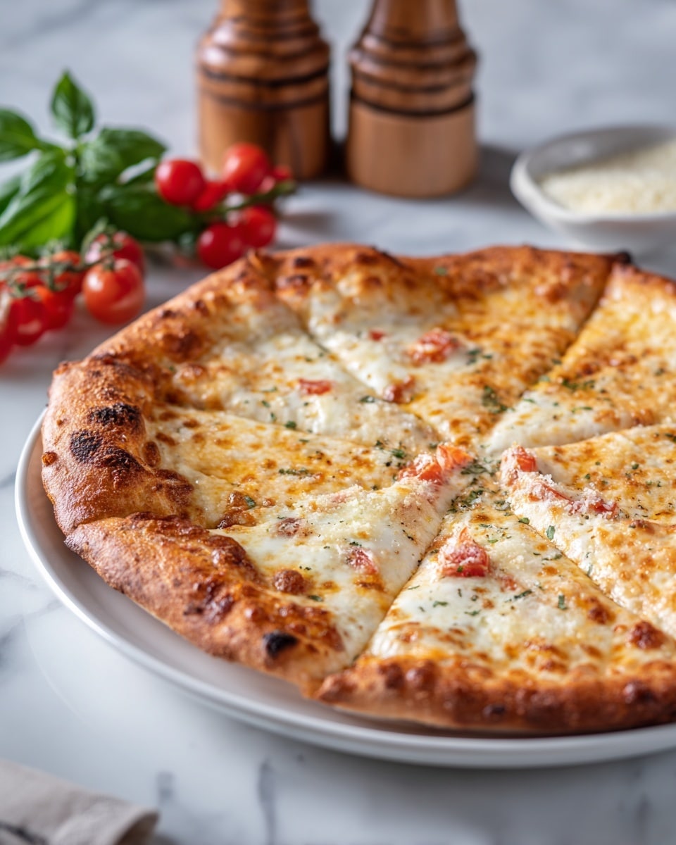 The image shows a close-up of a pizza with a golden-brown crust, divided into triangular slices. The pizza has a bubbly texture with melted creamy white cheese spread evenly on top and small pieces of light red tomato scattered across the surface. The edges of the crust are slightly charred, giving it a crispy look. The pizza sits on a white plate placed on a white marbled surface, with some fresh basil leaves and red cherry tomatoes blurred in the background. A wooden pepper grinder and a small bowl of grated cheese are visible nearby. Photo taken with an iphone --ar 4:5 --v 7