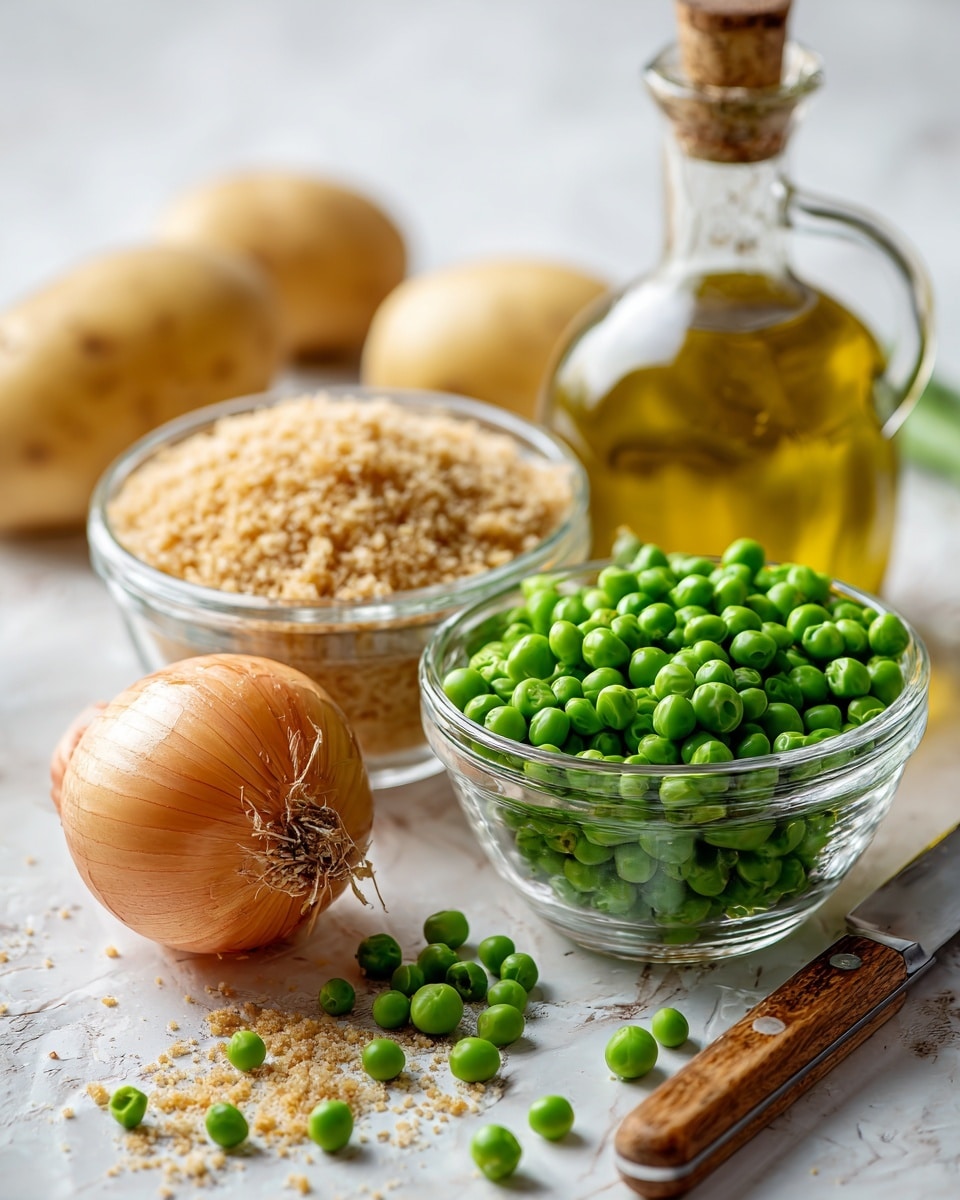 The image shows two clear glass bowls on a white marbled surface, one filled with light brown crumbs and the other with fresh green peas. A whole light brown potato and a yellow onion rest next to the bowls. A bottle filled with golden oil and a wooden-handled knife are placed nearby. Some green peas are scattered casually on the surface. The background is light and soft in color, creating a fresh and clean look, photo taken with an iphone --ar 4:5 --v 7
