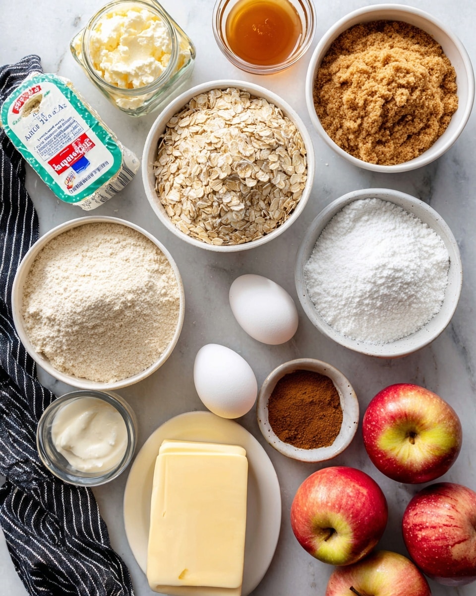 The image shows a top-down view of many baking ingredients on a white marbled surface. There are three large white bowls: one filled with light beige flour, another with brown sugar, and the last with a mix of light brown oats. Near the bowls are two whole white eggs, a white bowl with white granulated sugar, and a jar of honey with a brown label. Several whole apples with shiny red and green skins are arranged at the bottom. There is a block of butter wrapped in yellow paper and a tub of cream cheese with a blue and red label near the top left. A small pile of cinnamon powder and a small amount of vanilla extract in a clear container are also visible. A corner of a black and white striped cloth napkin is placed on the left edge. photo taken with an iphone --ar 4:5 --v 7