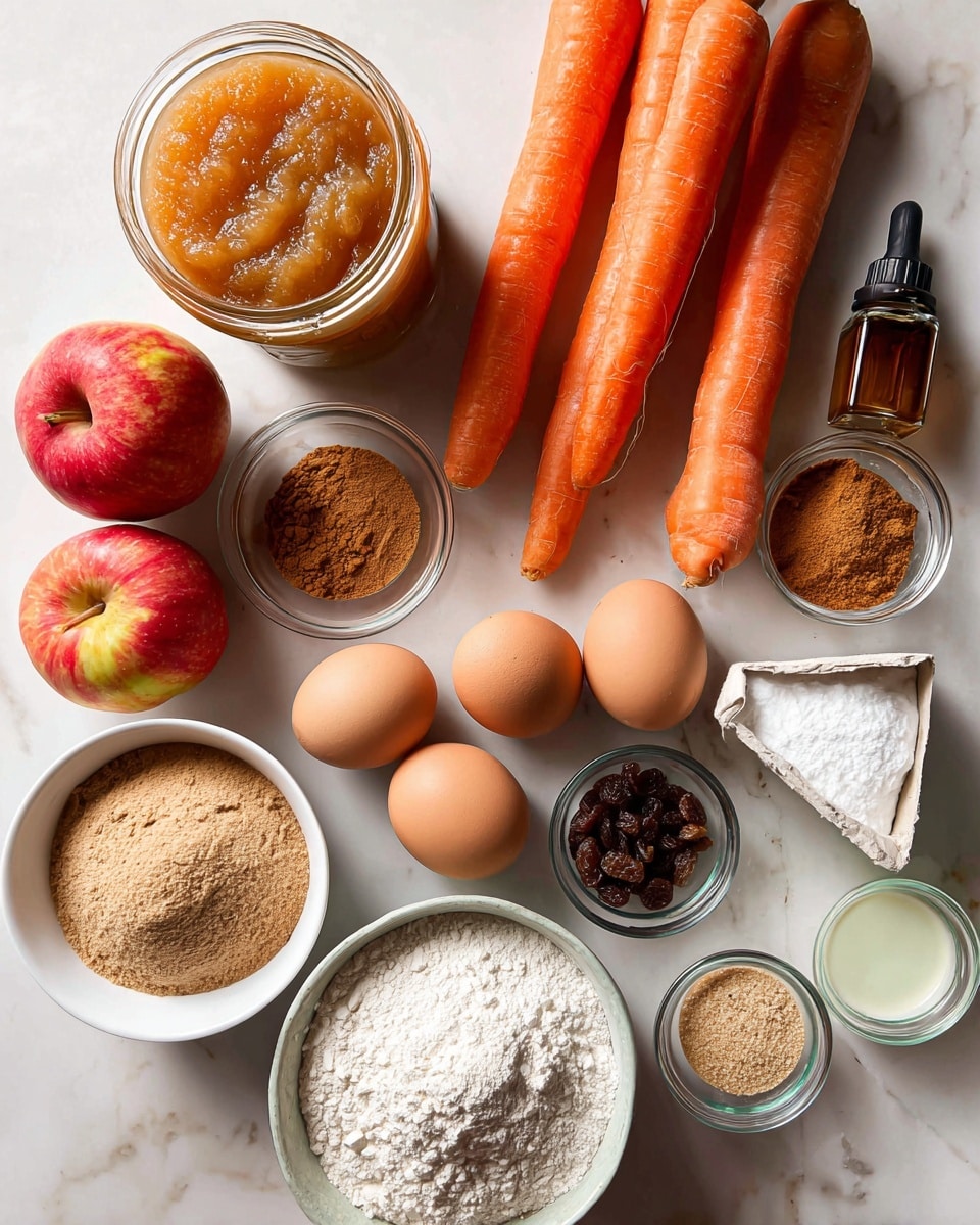 This image shows various baking ingredients arranged neatly on a white marbled surface. There are two whole carrots with a bright orange color placed diagonally near the center. Two red apples with yellow patches are positioned below the carrots. A large jar of golden applesauce is open on the upper left. In the bottom center, a white bowl is filled with light brown sugar, and next to it on the right is a transparent bowl containing white flour. Two brown eggs sit side by side near the middle. Small glass bowls hold raisins, ground cinnamon, and a light yellow powder, while a small open box of baking soda is near the top right. A small bottle of vanilla extract and a little bowl with a clear liquid are also visible. The lighting highlights the textures and colors clearly. photo taken with an iphone --ar 4:5 --v 7
