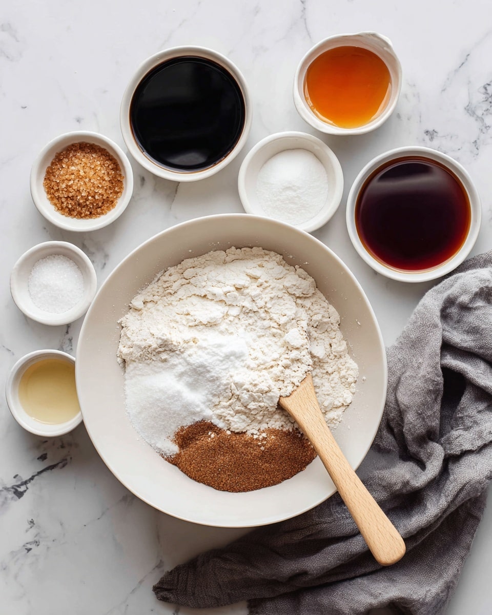 A white bowl filled with mixed dry ingredients, including white flour, brown sugar, and cinnamon in separate small piles forming a layered pattern on one side, with a wooden spoon resting inside the bowl. Around it, there are five small clear or white bowls holding brown sugar, white sugar, black syrupy liquid, white solid fat, and amber-colored liquid, arranged on a white marbled surface. A soft gray cloth is loosely placed to the right side of the bowls. Photo taken with an iphone --ar 4:5 --v 7