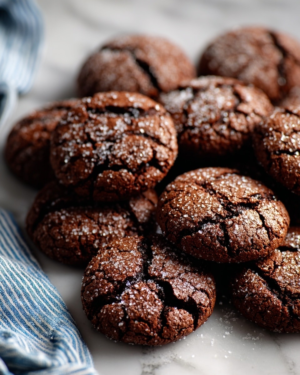 A stack of nine round, brown cookies with cracked tops and a sparkling sugar coating sits on a silver cooling rack placed over a white marbled surface. The cookies have a rough texture with visible sugar granules, showing a crunchy look. To the right of the stack, there is a smaller pile of four similar cookies, and one cookie lies flat on the surface in the lower right corner. A blue and white cloth is partially visible on the left side, next to the rack. The background is a clean white tiled wall. photo taken with an iphone --ar 4:5 --v 7