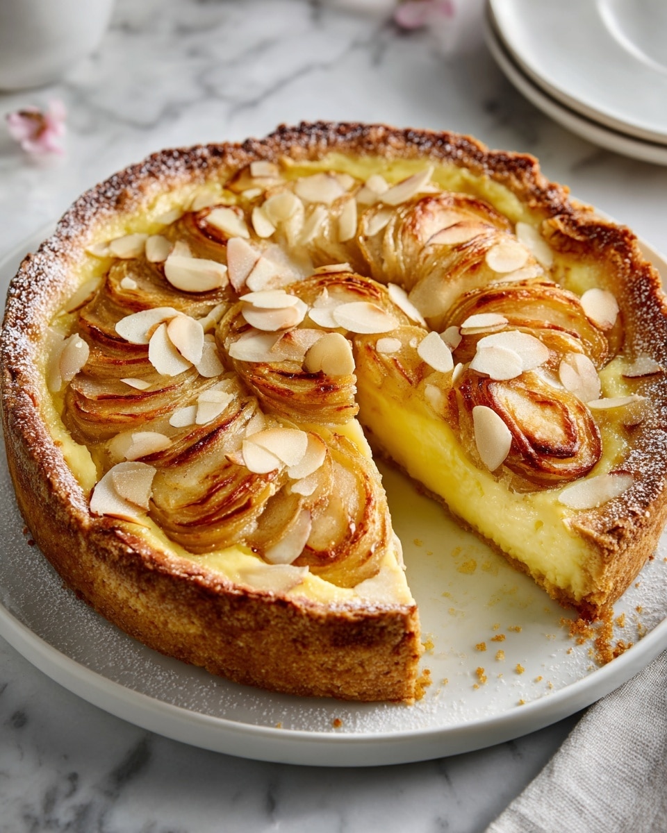 A round pie with a golden-brown thick crust sits on a white plate over a white marbled texture. The pie has a creamy yellow filling with whole rolled pieces of baked fruit resembling apples or pears arranged neatly in two concentric circles from the center to the edge. Each rolled piece has a browned top and some are topped with thin almond slices. The pie’s surface is lightly dusted with powdered sugar, and a slice is removed showing the dense creamy layer above the crust. Photo taken with an iphone --ar 4:5 --v 7