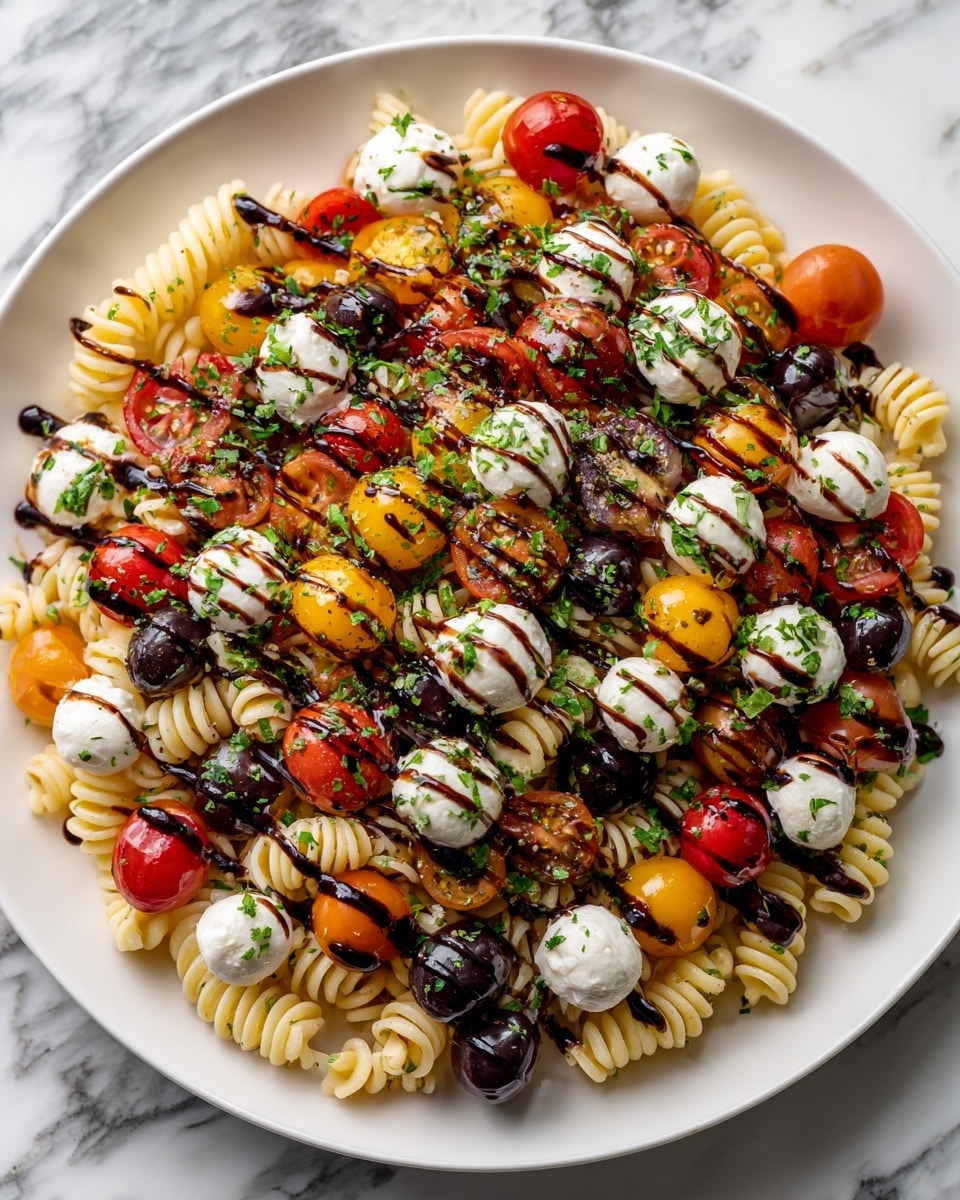 The image shows a white plate filled with a colorful pasta salad. The base layer is small spiral pasta, topped with halved cherry tomatoes in red, yellow, and dark purple colors. Scattered around are small balls of white mozzarella cheese. Thin slices of green herbs are sprinkled over the salad. On top is a dark brown sauce drizzled in thin lines across the dish. The plate is set on a white marbled surface. photo taken with an iphone --ar 4:5 --v 7