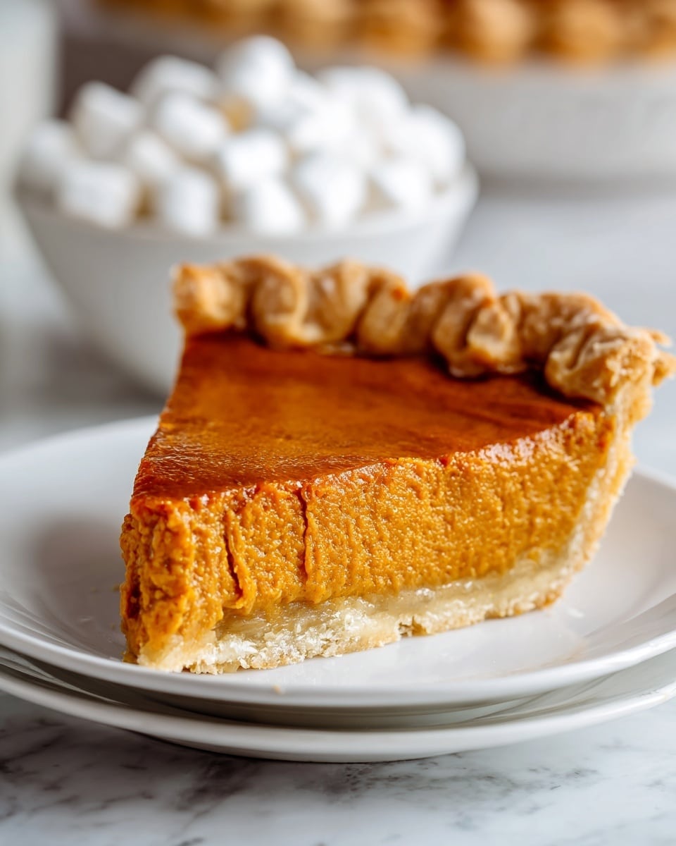 A close-up of a slice of pumpkin pie being lifted from a white plate, showing three layers: a light golden flaky crust with wavy edges at the bottom, a thick smooth orange pumpkin filling in the middle which looks creamy with a slightly shiny top, and small cracks on the surface. The pie slice is angled to show its height and texture. In the background, a blurred white bowl filled with white marshmallows sits on a white marbled surface. The photo taken with an iphone --ar 4:5 --v 7