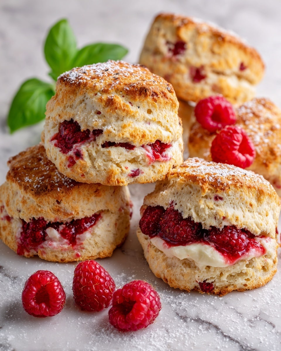 The image shows four pieces of raspberry-filled pastry with golden brown, flaky crusts that have a slightly shiny surface and a light dusting of sugar. One piece is cut open to show three visible layers of soft, light beige dough with bright red raspberry filling swirled inside. Small fresh raspberries are placed around the pastries on a white marbled surface. The texture of the crust looks crisp and airy while the inside appears soft and moist. photo taken with an iphone --ar 4:5 --v 7