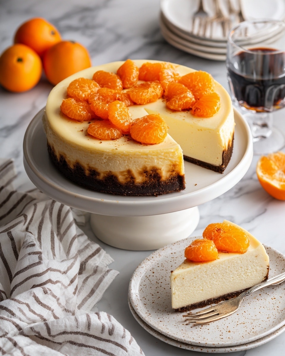 A round cheesecake with a thick, creamy pale yellow base sits on a white cake stand, topped with bright orange mandarin segments arranged across the top. The cheesecake has a dark brown, almost burnt, crust that edges the top and sides with some blackened spots. One large slice is missing from the cheesecake, showing the smooth interior texture. A single slice of the cake is placed on a white speckled plate in the lower right, alongside a silver fork. The scene is set on a white marbled surface with folded striped white and gray cloth near the cake. In the background, there are two whole mandarins and a glass with a dark liquid, as well as two stacked clear glasses. photo taken with an iphone --ar 4:5 --v 7