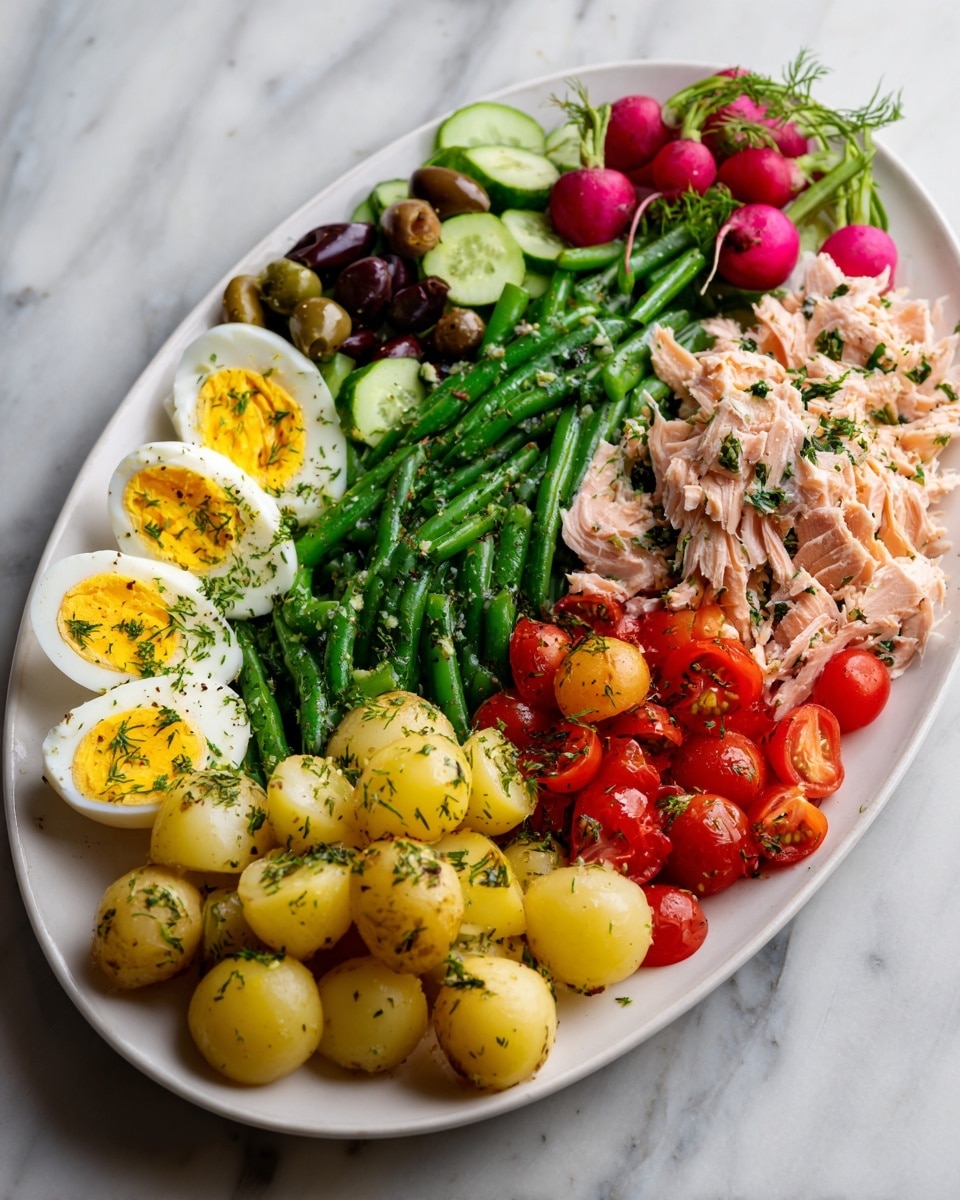 The dish is presented on a large white oval plate placed on a white marbled surface. Starting from the left, there is a layer of dark and green olives next to sliced green cucumbers, both finely sprinkled with herbs. Above these, there is a layer of sliced radishes with visible green tops still attached. Moving right, a neat pile of bright green steamed green beans is arranged, topped with small garlic bits. To the far right, there is a pile of shredded cooked light pink fish, possibly salmon, with herbs scattered on top. Below the salmon, there is a layer of halved ripe red cherry tomatoes. In the center, there is a generous portion of boiled small yellow potatoes, cut in halves and garnished with herbs. At the bottom left of the plate, there are several halved hard-boiled eggs with a firm yellow yolk and white albumen, seasoned with black pepper and herbs. The overall look is fresh, colorful, and arranged in neat, clean sections. Photo taken with an iphone --ar 4:5 --v 7