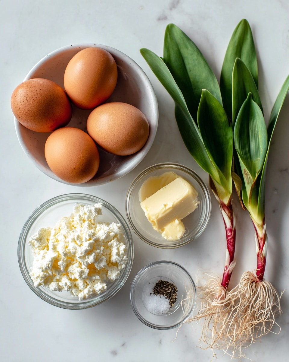 The image shows five brown eggs inside a white bowl placed on a white marbled surface. To the right, there are five fresh green leaves with red and white bottom stems with roots exposed. Below the eggs is a small glass container with a pat of light yellow butter. Next to it on the right is a small glass bowl filled with salt and black pepper. At the bottom center, there is a larger glass bowl containing white crumbly cheese. photo taken with an iphone --ar 4:5 --v 7