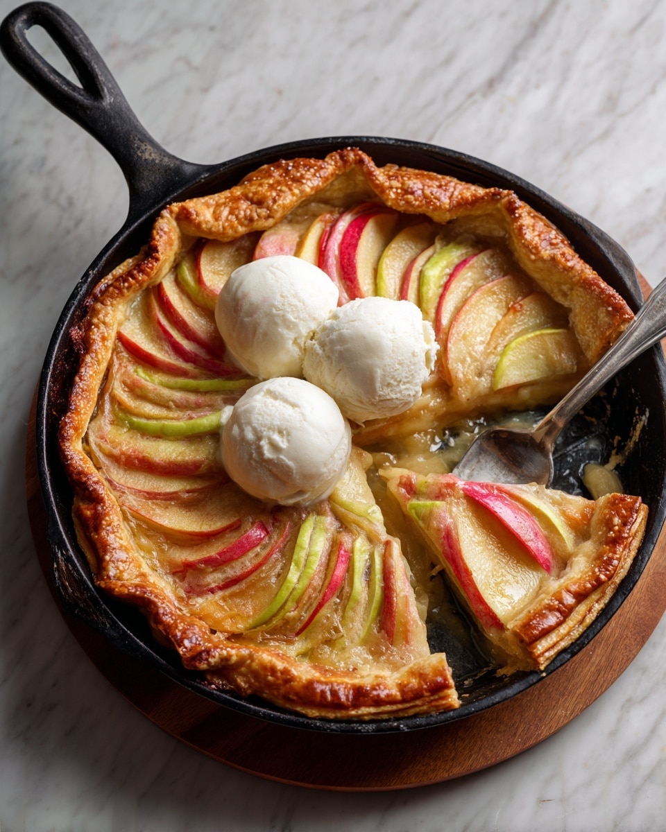 The image shows a skillet pie with a golden brown crust that curls around the edge. Inside, there are thin slices of red and green apples, layered and fanned out in three rows, showing a mix of red and yellow-green colors with a soft texture. On top of the apple slices, there are two small white scoops of cream or ice cream. A silver butter knife rests on the right side of the skillet, partially on the crust and inside the pie. The skillet is placed on a wooden board, and the whole scene is set against a white marbled surface. photo taken with an iphone --ar 4:5 --v 7