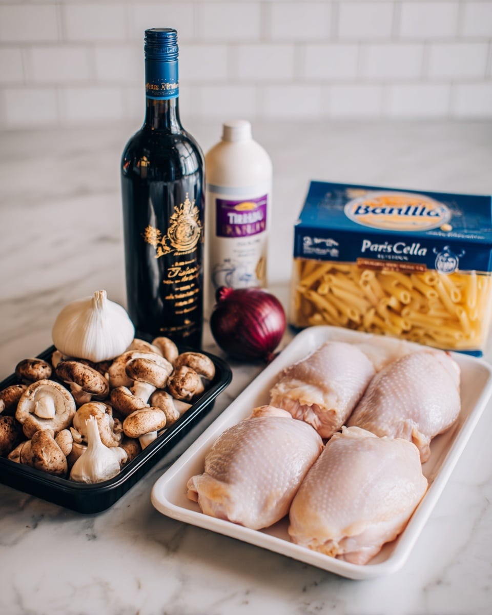 The image shows raw ingredients arranged on a white marbled surface with a white tiled wall background. In the front right, there is a white tray with two raw chicken pieces, pale pink in color and smooth texture. Next to the tray on the left, there is a whole garlic bulb with white papery skin and a unpeeled shallot with a shiny purple-brown skin. Behind these, to the left, is a black plastic container filled with mixed brown mushrooms, some sliced showing soft, light beige insides. On the left side in the back row, there is a tall bottle of red cooking wine with a blue label and gold seal near the top. Next to it is a white plastic bottle with a purple cap containing cream, labeled Tuscan. On the right in the back row, there is a dark blue box of Barilla penne pasta, showing some uncooked yellow pasta through a small window. photo taken with an iphone --ar 4:5 --v 7