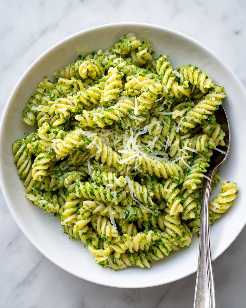 A close-up view of a white bowl filled with twisted rotini pasta coated evenly with a bright green pesto sauce, showing specks of herbs and oil clinging to the pasta spirals. The pasta layers are tightly packed, with some strands overlapping each other, creating a textured look. There are fine shreds of pale yellow cheese sprinkled lightly on top, adding a subtle contrast to the green. A silver spoon rests on the right edge of the bowl. The bowl is placed on a surface with a white marbled texture, giving a clean and fresh background. photo taken with an iphone --ar 4:5 --v 7