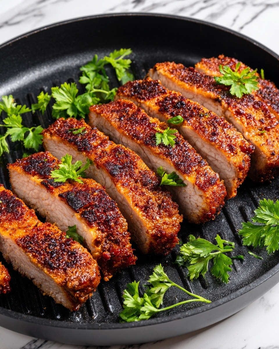 The image shows several slices of cooked meat arranged neatly on a black grill pan. The meat has a golden-brown crispy outer layer, revealing juicy, lighter-colored inside. Small green parsley leaves are placed on and around the meat slices, adding color contrast. The grill pan rests on a white marbled surface, giving a clean and fresh look. Photo taken with an iphone --ar 4:5 --v 7