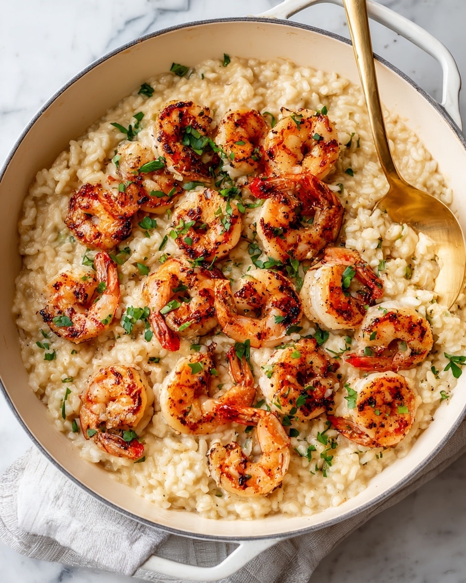 A large white pan filled with creamy risotto that has a light beige color and soft texture, topped with many cooked shrimp arranged mostly in the center. The shrimp have a pink-orange color with char marks, and there are small bright green herbs sprinkled over both the shrimp and risotto. A gold spoon is placed inside the pan, resting on the food. The pan sits on a white marbled surface. photo taken with an iphone --ar 4:5 --v 7
