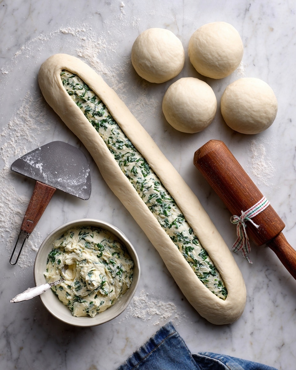On a white marbled surface, a long oval piece of dough holds a thick strip of green and white spinach and cheese mix placed in the center, ready to be folded or rolled. Nearby, five round dough balls sit in a loose group, smooth and pale. A large wooden rolling pin with a brown handle tied with a small checkered ribbon lies next to the dough, along with a metal dough scraper that has a wooden handle. In the lower left, a white bowl with a mix of spinach and cheese sits with a spoon inside, coated with the creamy filling. The woman's blue denim-clad legs are partially visible at the bottom of the image. Photo taken with an iphone --ar 4:5 --v 7