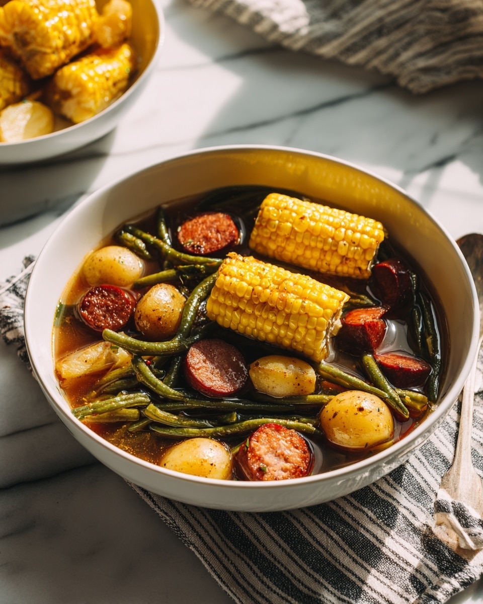 A white bowl filled with a hearty dish showing multiple layers: at the bottom, small golden-brown potatoes and sliced reddish-brown sausage pieces are mixed with dark green beans scattered throughout; on top, three bright yellow corn on the cob pieces rest on one side, all sitting in a light brown broth that adds a slight shine to the ingredients; the bowl is placed on a white marbled surface with a striped cloth underneath, and part of another white bowl with more corn pieces can be seen in the top left area; soft natural light casts gentle shadows on the food, enhancing the warm colors and textures photo taken with an iphone --ar 4:5 --v 7
