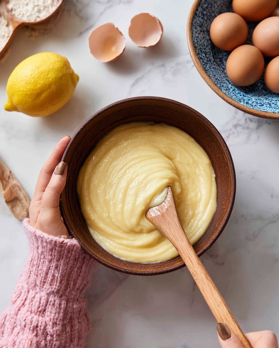 A close-up of a woman's hand holding a dark brown bowl filled with smooth, pale yellow batter. A wooden spatula with batter on its wide flat side rests inside the bowl, showing a thick and creamy texture. Around the bowl on a white marbled surface, there is a whole yellow lemon, a few cracked empty brown eggshells, and a blue and white bowl filled with five brown passion fruits. The background focuses mainly on the mixing bowl and the woman's hand wearing a pink knit sweater. The photo taken with an iphone --ar 4:5 --v 7