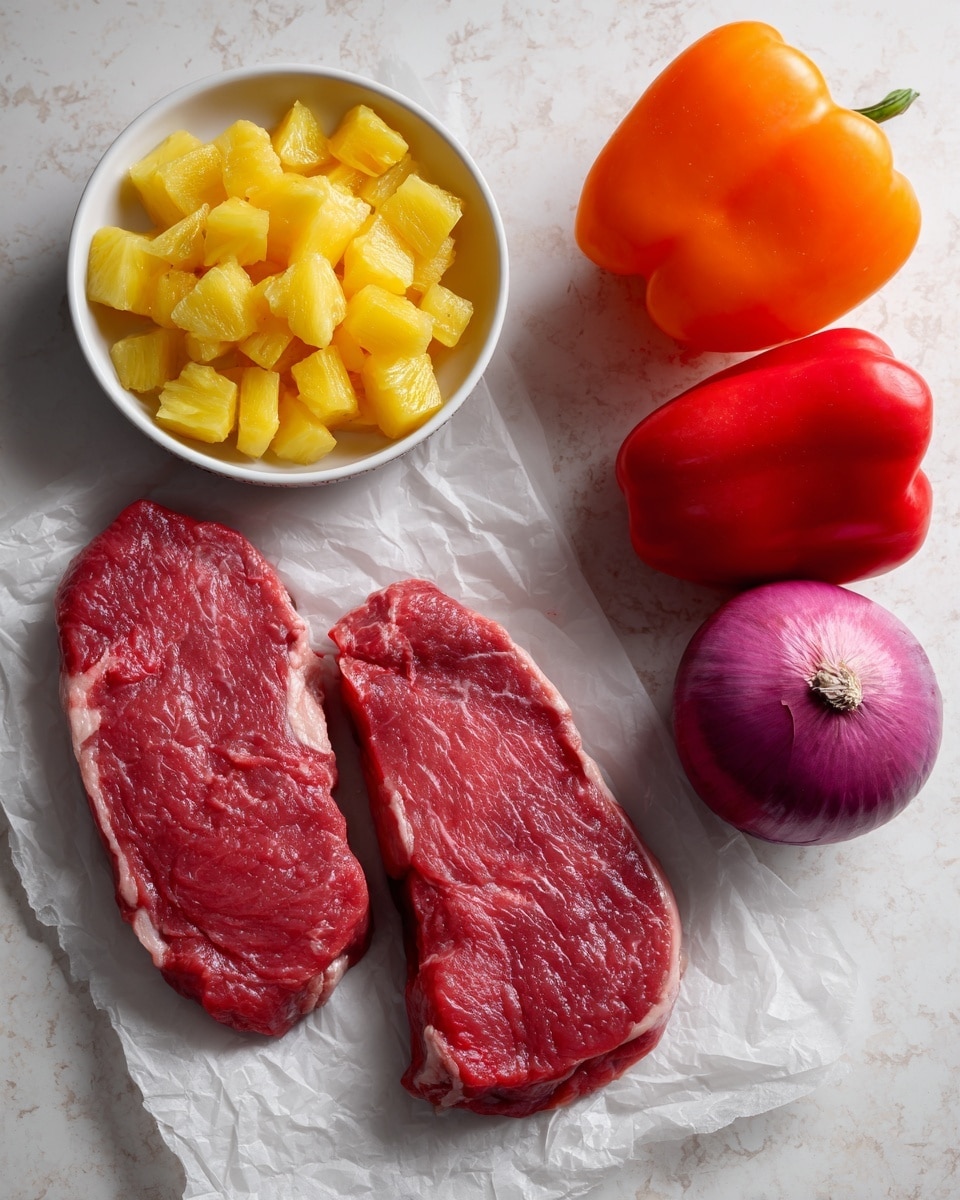 Two raw red steaks lie side by side on a piece of white paper at the bottom right. Above them to the left, a round white bowl holds many small yellow pineapple chunks. To the right of the bowl, there is a whole red onion with a shiny purple skin. Near the top right corner, two whole bell peppers, one bright red and one bright orange, are placed on a white marbled surface. The lighting casts clear shadows to the right of the items. Photo taken with an iphone --ar 4:5 --v 7