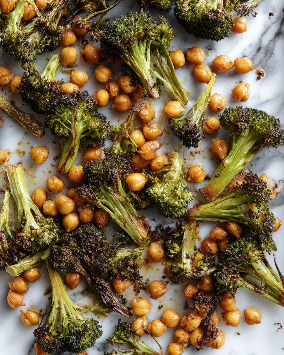 The image shows a close-up of roasted broccoli and chickpeas spread out evenly on a baking sheet lined with parchment paper. The broccoli pieces are cut into small florets and stem chunks, with parts showing a light char giving a dark green to brown crispy look. The chickpeas are whole, round, and light orange in color, creating contrast against the broccoli. The texture of the broccoli is rough and slightly crispy on the edges, while the chickpeas look smooth and firm. The background is a white marbled surface. photo taken with an iphone --ar 4:5 --v 7