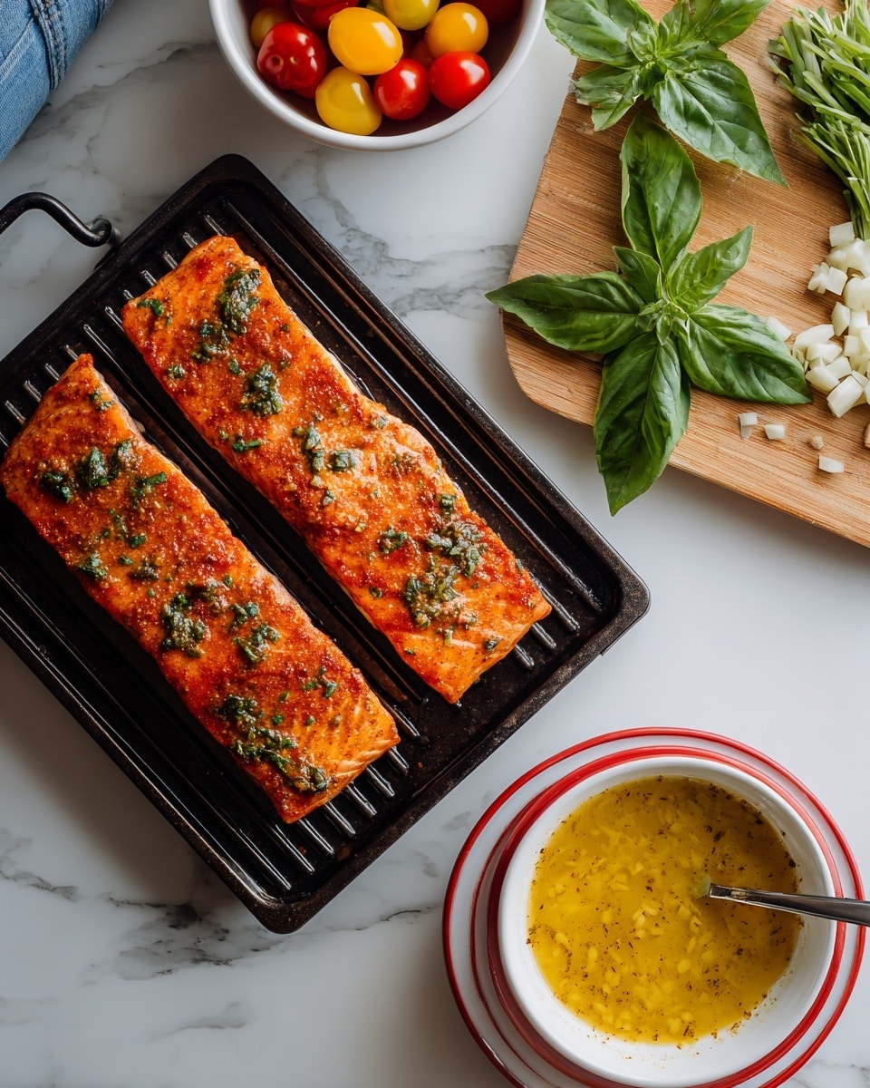 Two pieces of salmon with a bright red spice layer are placed side by side on a black grill rack over a white plate with red accents. Next to the plate is a white bowl with a red rim containing a yellow sauce with specks, a spoon resting inside. Above, on a wooden cutting board, are chopped garlic, sliced green onions, and fresh basil leaves arranged in neat groups. Part of a white bowl with colorful small tomatoes is visible in the top left corner. The background surface is white marble, and the lower part shows a person wearing light blue jeans standing nearby. Photo taken with an iphone --ar 4:5 --v 7