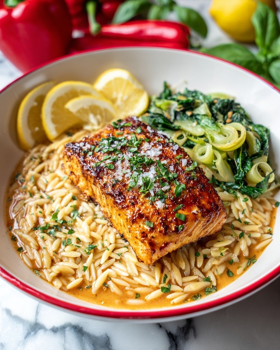 A white bowl with a red rim holds three main layers of food; the bottom layer is creamy orzo pasta mixed with small bits of herbs, creamy and shiny in light brown and tan colors, spread evenly across the base. On top of the pasta sits a golden-brown crusted piece of fish, sprinkled with green herbs and cracked white salt, showing a crunchy textured surface. To one side of the fish, there's a pile of light green sautéed sliced leeks with a slight shine and some browned edges. Two lemon wedges with bright yellow color are tucked between the fish and pasta near the back of the bowl. The bowl sits on a white marbled surface with red peppers and green basil in the background. photo taken with an iphone --ar 4:5 --v 7