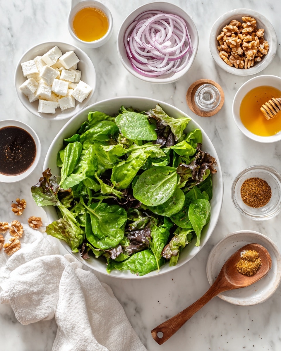 The image shows a white bowl full of fresh green mixed leaves placed on a white marbled surface. Around the bowl, there are several small white bowls and dishes with different ingredients: one has white cheese cubes, another has walnuts, one contains sliced purple onions, a wooden spoon with cottage cheese, and small bowls with golden honey, ground spices, and a dark dressing or sauce. A woman's hand is gently holding a white cloth near the bottom left side. The setup is bright and clean, with natural light highlighting the freshness of the salad and its ingredients. photo taken with an iphone --ar 4:5 --v 7