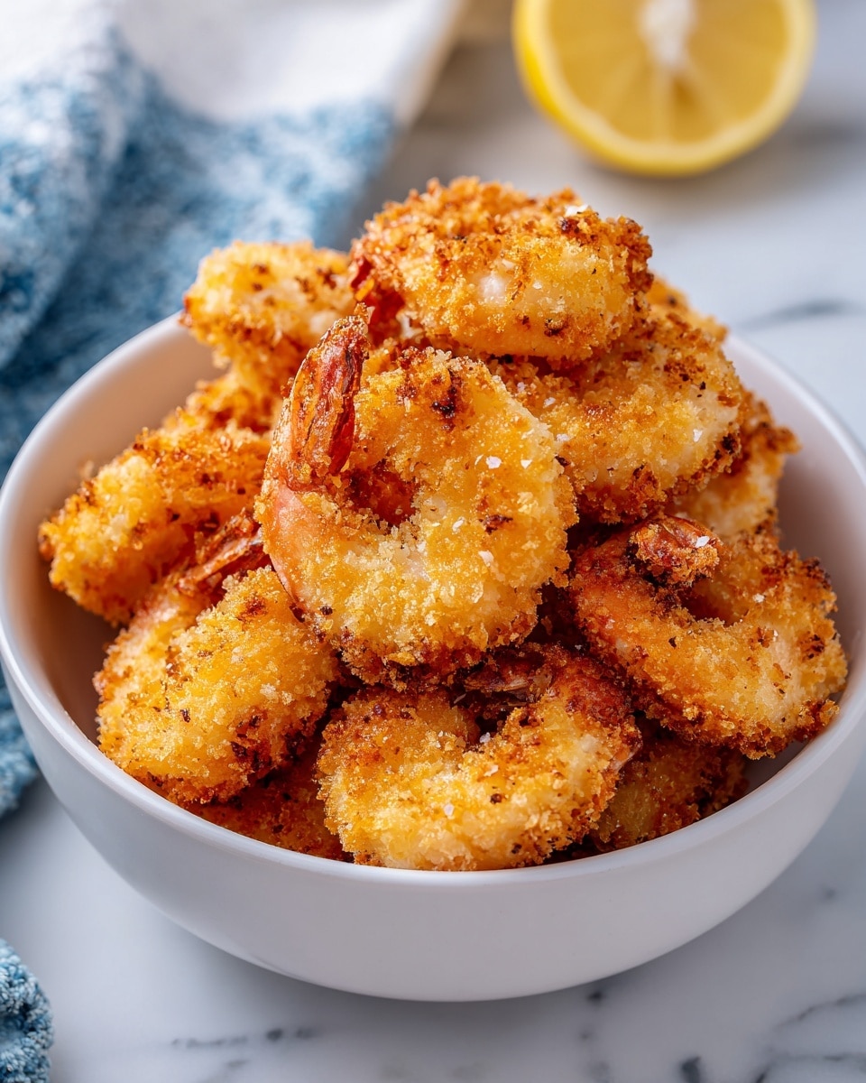 A white bowl filled with golden-brown fried shrimp, each shrimp looking crispy and crunchy with a rough texture. The shrimp are stacked in two or three uneven layers, showing their curved shapes and light breading. In the background, a small part of a lemon wedge is visible, adding a touch of yellow color. The bowl sits on a white marbled surface with a blue and white cloth nearby. Photo taken with an iphone --ar 4:5 --v 7