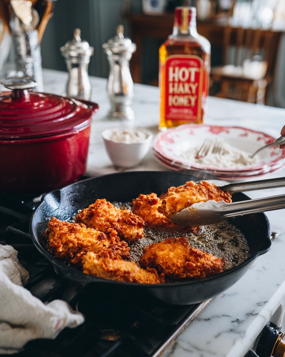 A close-up view of golden brown fried chicken being lifted with silver tongs from a black pan full of bubbling hot oil on a stove. Inside the pan, several pieces of chicken are frying, showing crispy, textured, deep orange-brown coating. In the background, there is a white plate with a red rim containing flour for breading, with a fork resting on it. The white marbled countertop holds a dish towel and various kitchen items like glass salt and pepper shakers, a deep red pot with a lid on the stove, and a red bottle labeled