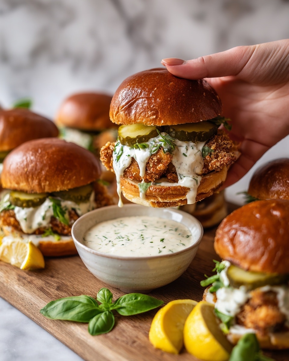 A woman's hand is holding a small sandwich with a shiny brown bun on top, a crispy golden fried chicken piece in the middle, and dark green pickles right above the chicken, all dripping with white creamy sauce speckled with green herbs. Underneath the sandwich is a smooth white bowl filled with the same creamy sauce, sitting on a wooden board, which is also holding several more similar sandwiches made the same way, with shiny brown buns, crispy fried chicken, and pickles visible. Fresh green basil leaves and bright yellow lemon wedges lay around the board on a white marbled surface. Photo taken with an iphone --ar 4:5 --v 7