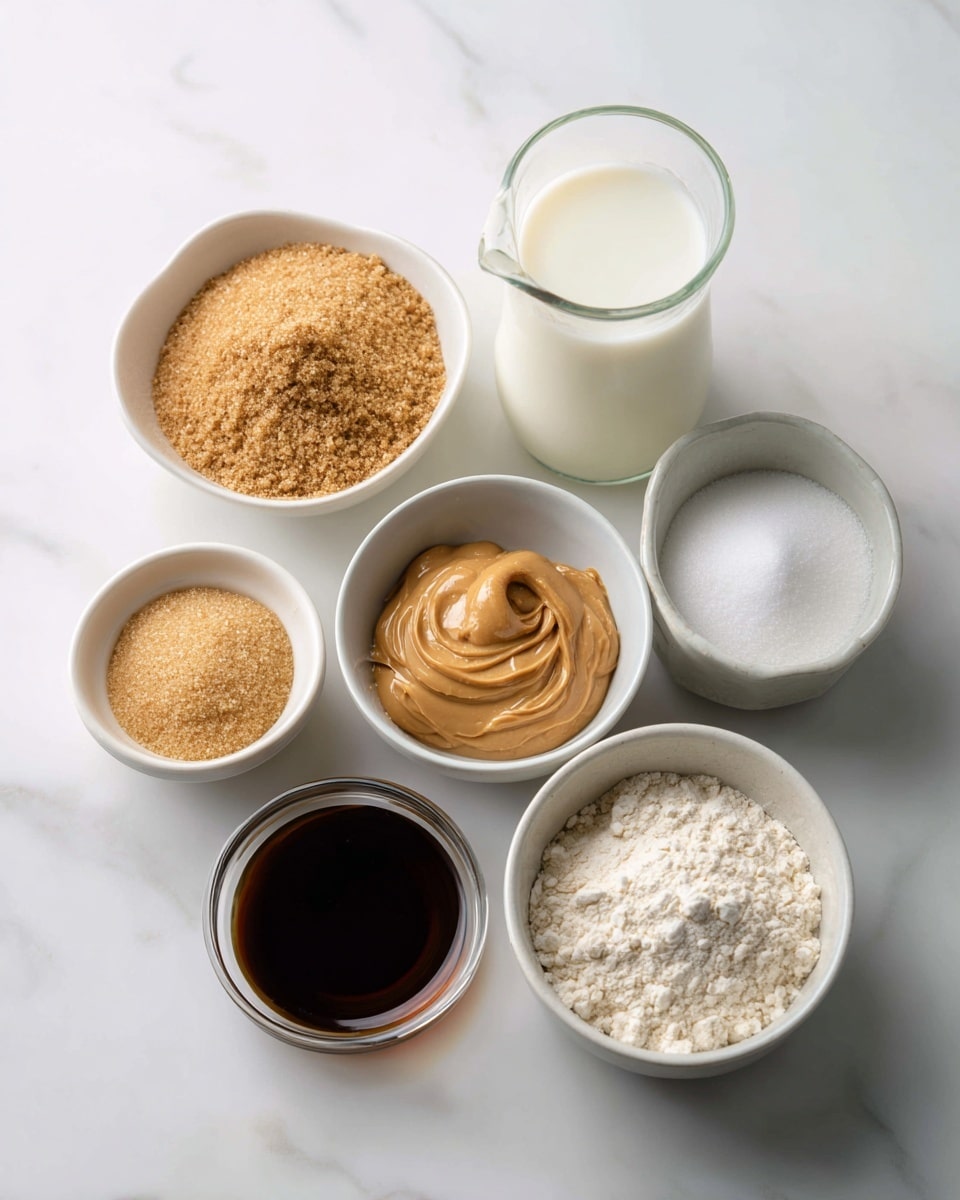 The image shows seven small white bowls and a clear glass jug arranged on a white marbled surface. Each bowl contains a different ingredient: one bowl has light brown granulated sugar, another has pale brown smooth peanut butter, one bowl holds white granulated sugar, another has light brown soft brown sugar, one more bowl contains dark brown liquid maple syrup, and another holds white flour. The clear glass jug is filled with fresh white milk. All items are evenly spaced and the scene is lit softly, highlighting the colors and textures of the ingredients. Photo taken with an iphone --ar 4:5 --v 7
