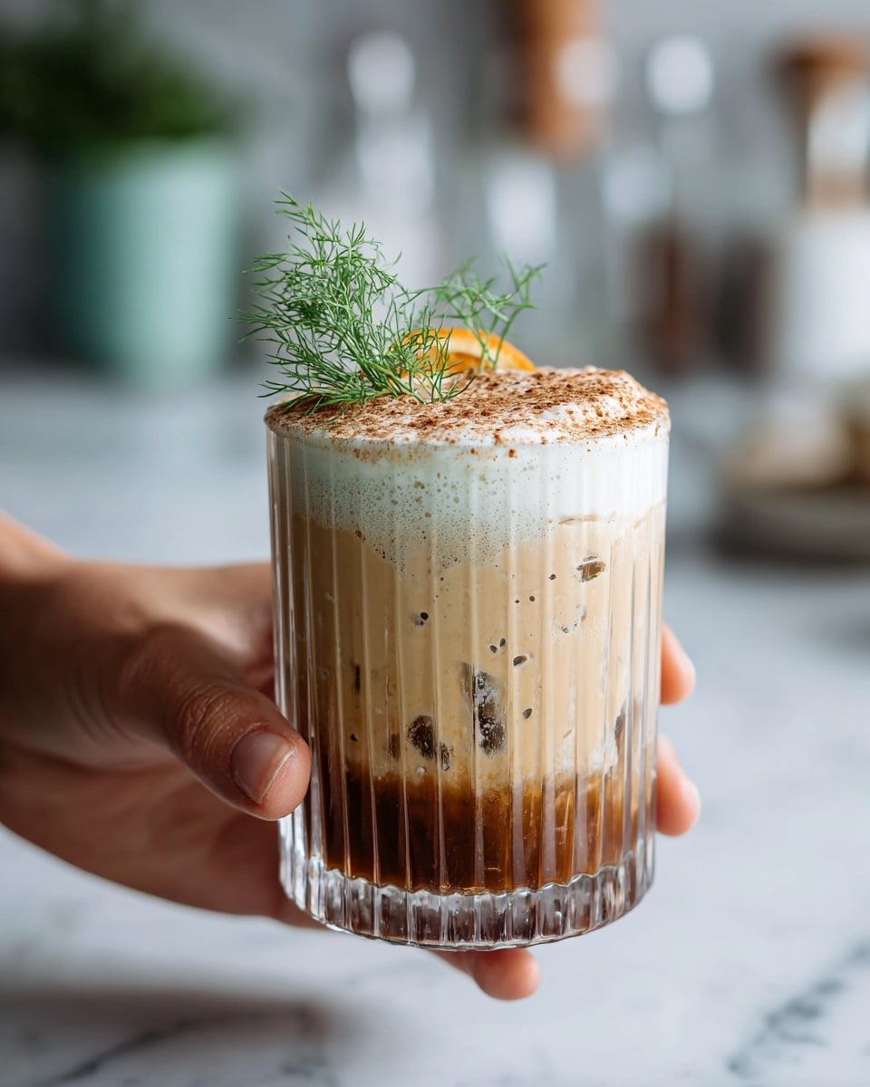 The image shows a clear glass with vertical ridges filled with a layered iced drink. At the bottom, there is a dark brown liquid layer, above it a light creamy beige layer with ice cubes, followed by a thick white foam layer on top sprinkled with a light dusting of brown powder. The drink is garnished with a small sprig of green dill and an orange slice tucked into the foam. A woman's hand is holding the glass against a blurry background of a white marbled kitchen countertop and some faint kitchen items. photo taken with an iphone --ar 4:5 --v 7