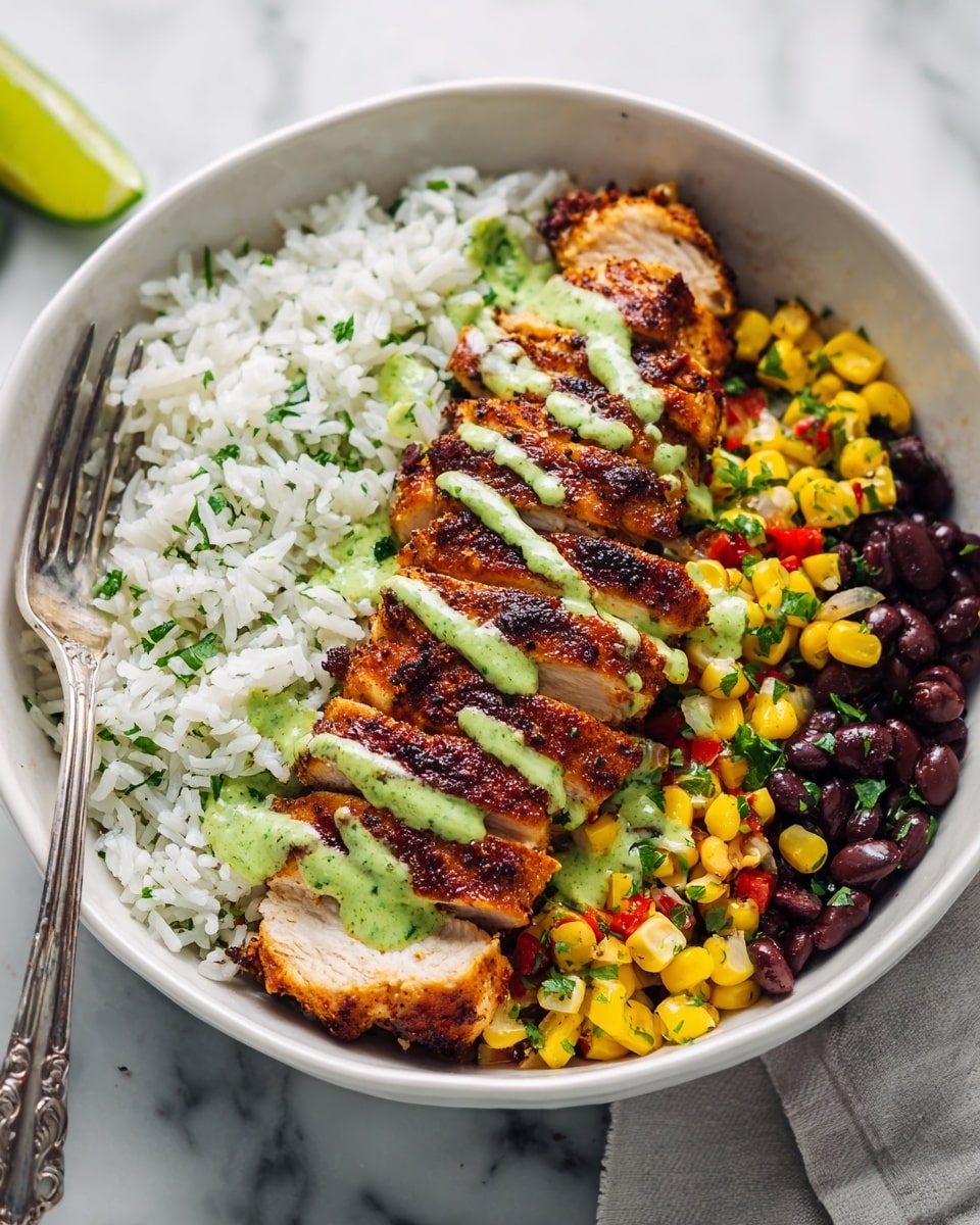 The image shows a white bowl filled with three main parts arranged side by side. On the left, there is a layer of white rice mixed with small bits of greenery, creating a soft and fluffy texture. In the middle, sliced grilled chicken with a dark brown, slightly smoky crust and a green drizzle sauce on top stretches across the bowl. On the right, a colorful mix of black beans, yellow corn, and small red pieces, all finely diced, adds a bright and fresh look. A silver fork with a woman's hand nearby rests on the left side of the bowl, which sits on a white marbled surface. A lime wedge peeks from the bottom left corner, adding a touch of green. Photo taken with an iphone --ar 4:5 --v 7