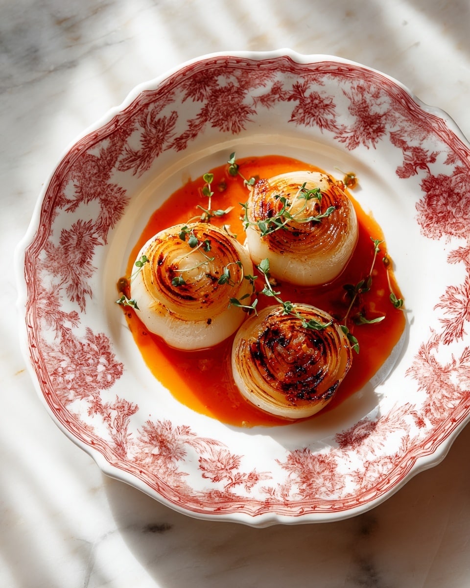 The dish shows three round, cooked onions with a golden-brown outer layer, arranged closely in the center of a white plate decorated with red floral patterns and a scalloped edge. Each onion has visible circular lines and slight charring on top, with small green herb sprigs placed as garnish. There is an orange-red sauce pooled under and beside the onions, creating a vivid contrast against the plate’s design. The background is a white marbled surface with soft shadows cast by natural light. photo taken with an iphone --ar 4:5 --v 7