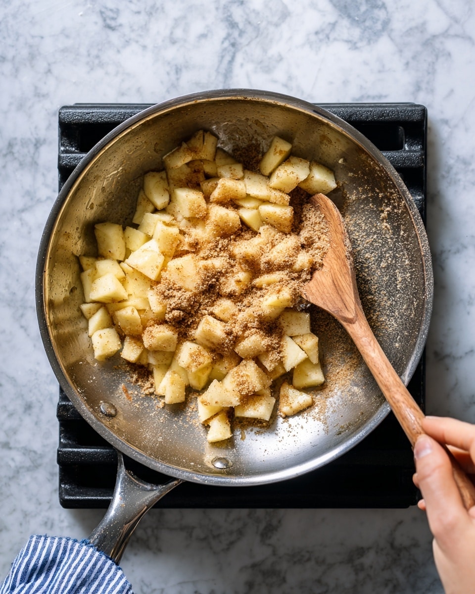 A round silver pan on a black stove holds a layer of unevenly cut light yellow apple pieces with brown sugar sprinkled on top, giving a grainy texture. A woman's hand is holding a wooden spoon in the pan, mixing the ingredients. The stove grates are dark and the background surface is a white marbled texture. The silver pan handle extends to the upper right. The image is taken from above showing downward view of the pan and a part of striped blue and white clothing at the bottom edge. photo taken with an iphone --ar 4:5 --v 7