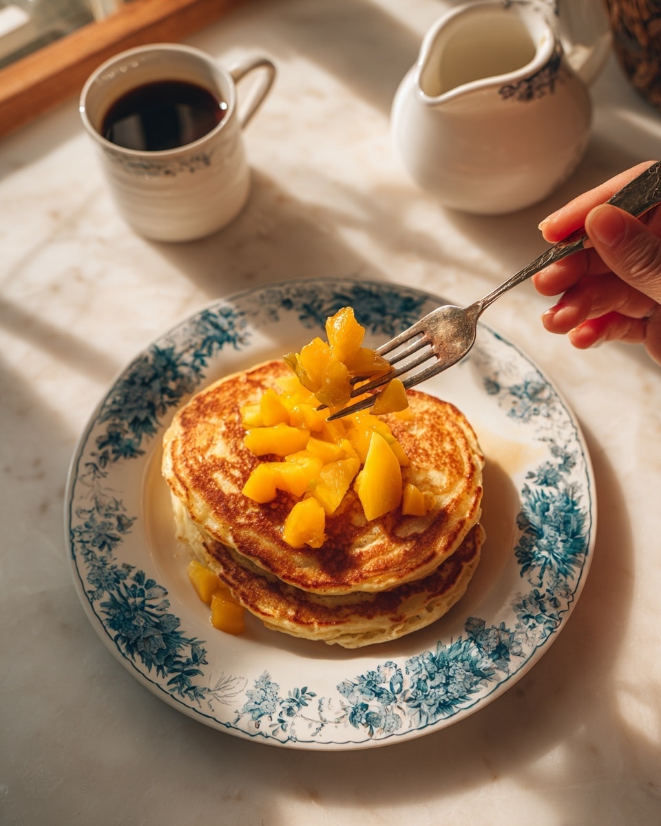 A close-up view shows a fork held by a woman's hand with a piece of two-layered golden brown pancakes with a soft and fluffy inside. Under the fork, two large pancakes sit stacked on a white plate with blue floral patterns, topped with small chunks of bright yellow diced fruit, likely peaches or mangoes. The setting features a white marbled surface with soft natural light casting warm shadows. Around the plate, there is a cup of coffee and a small pitcher of syrup, both white, slightly blurred in the background. Photo taken with an iphone --ar 4:5 --v 7