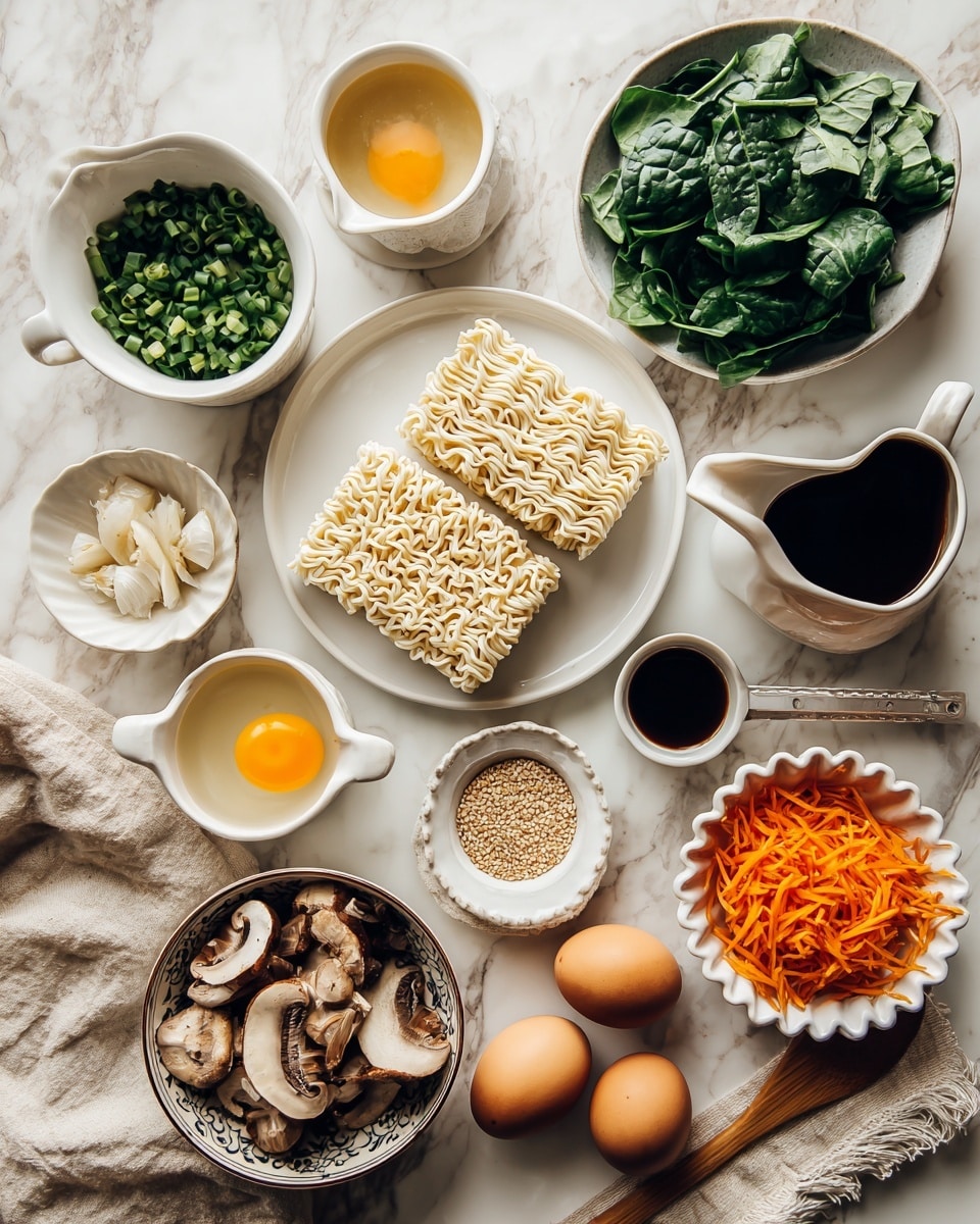The image shows various cooking ingredients arranged neatly on a white marbled surface. In the center is a white plate holding two blocks of uncooked ramen noodles and a small spouted white dish with a dark sauce. Surrounding it clockwise are a bowl of fresh green spinach leaves, a white cup with chopped green onions, a small white bowl with light yellow liquid, a small white plate with dark sauce, a gold measuring cup filled with shredded bright orange carrots, a patterned bowl full of sliced brown mushrooms, a small bowl with soy sauce, a small white bowl filled with minced garlic, a white cup with light yellow broth, a small plate with two brown eggs, and a white scalloped plate holding sesame seeds with a small wooden spoon resting on them. A beige cloth lies on the right edge of the surface. Photo taken with an iphone --ar 4:5 --v 7