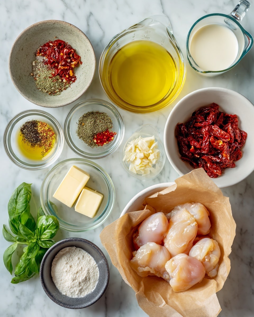 The image shows several bowls and small glass containers arranged on a white marbled surface. In the bottom right corner, there is a bowl lined with brown paper holding raw chicken pieces that are pale pink and smooth. Nearby, there is a glass measuring cup filled with white cream and another with light yellow broth. A small white bowl contains olive oil that shines with bright yellow color. On a large round white plate, there are four small dishes: one with mixed dry spices in black, green, and white tones; another with crushed red chili flakes; one with minced garlic in pale yellow; and a small glass bowl with two pieces of butter. A white bowl contains bright red chopped sun-dried tomatoes, and a dark gray bowl holds white flour. In the lower left corner, fresh green basil leaves and a small bowl of grated white cheese add color to the setup. Photo taken with an iphone --ar 4:5 --v 7