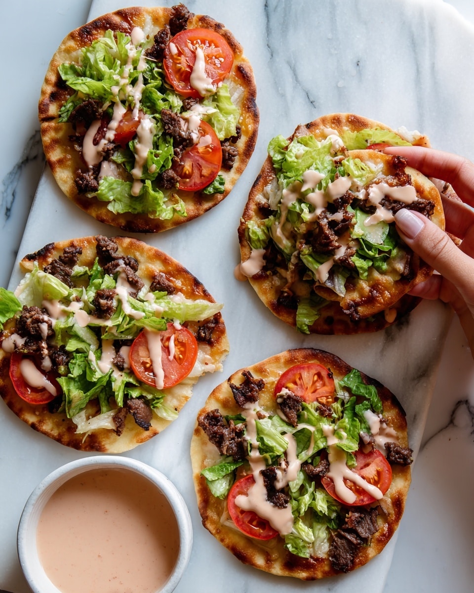 The image shows four small flatbread pizzas on a white marbled surface. Each flatbread has a base that is golden brown and slightly crispy. On top, there is a layer of green lettuce followed by slices of red tomato. There are also pieces of cooked meat in dark brown color scattered across each flatbread. Light pink sauce is drizzled over the toppings. One white bowl with light pink sauce is placed in the corner. A woman's hand is holding one of the flatbreads from the side, lifting it slightly. The photo taken with an iphone --ar 4:5 --v 7