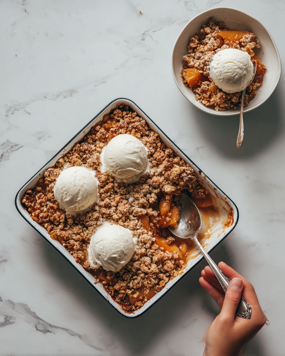 The image shows a square baking dish filled with a cooked fruit crumble that has a golden-brown, crumbly top layer with a rough texture. There are three round scoops of vanilla ice cream placed on top, melting slightly against the warm crumble. A spoon rests inside the dish, partially scooping some crumble and ice cream. In the background, there is a white bowl filled with a serving of the crumble topped with one scoop of vanilla ice cream, with a woman's hand holding the bowl. The whole setup is on a white marbled surface, giving a clean and simple look. Photo taken with an iphone --ar 4:5 --v 7