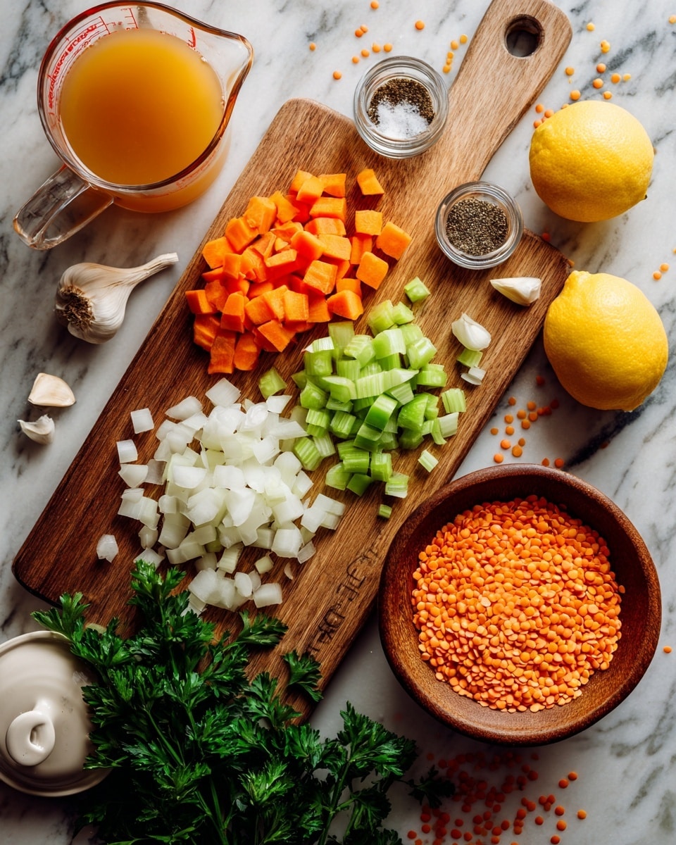 The image shows a white marbled surface with a wooden cutting board placed diagonally. On the board, there are three piles of chopped vegetables: bright orange carrot cubes on the far left, green celery pieces in the middle, and white onion cubes to the right. Two yellow lemons are placed near the top right corner of the cutting board. Next to the lemons, there is a small glass jar filled with ground black pepper and two garlic cloves. Below the cutting board, a bunch of green parsley lies nearby a few scattered orange lentils. A round wooden bowl filled with orange lentils sits on the marbled surface near the center right. To the left of the bowl, there is a glass measuring cup filled with orange broth, and a white potato rests below it. A wooden spoon is partially visible at the bottom left, and a white pot lid with a handle appears on the bottom right. Photo taken with an iphone --ar 4:5 --v 7