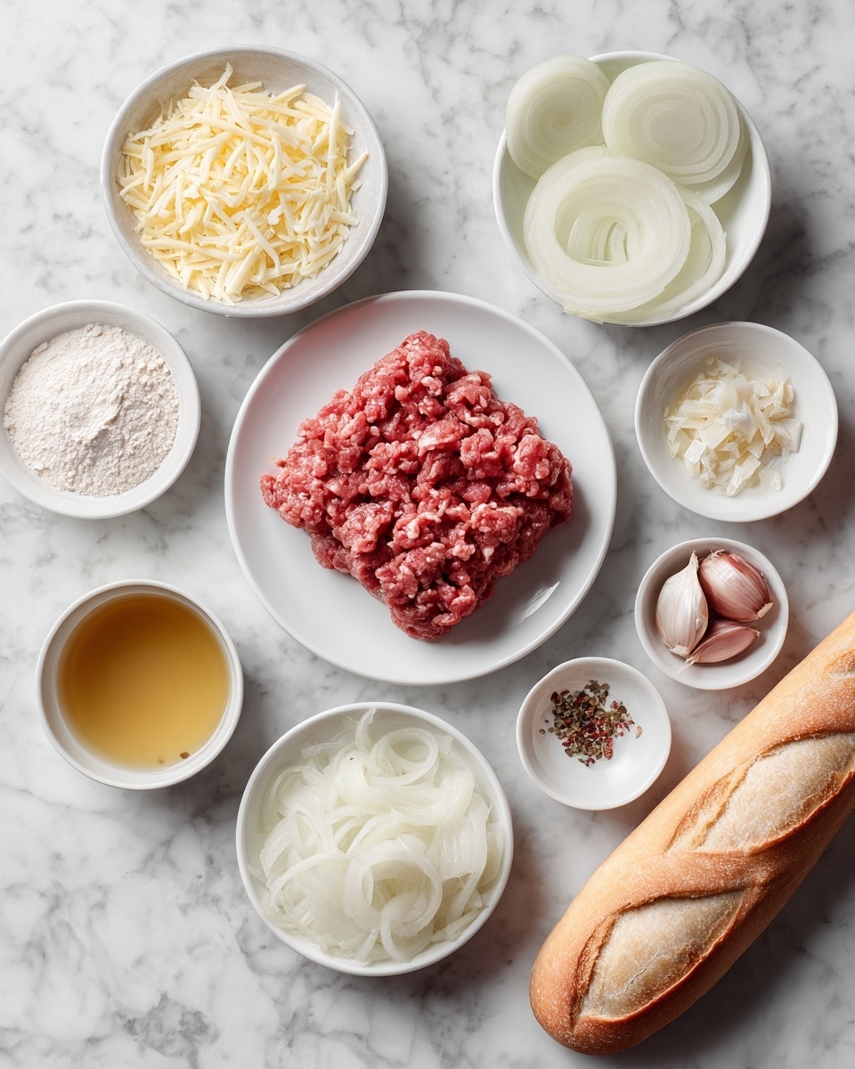 The image shows a white marbled surface with several white dishes and bowls arranged in a neat circle, each holding different ingredients. At the center, there is a square block of red ground meat on a white plate. Surrounding it are small white bowls filled with shredded cheese, flour, clear broth, onion slices, sliced white onions, minced onions, and a few different spices including salt, pepper, and garlic. A sliced white baguette lies along the side on the white marbled surface. The colors range from reds and whites to light browns and yellows, with textures varying from smooth liquid to crumbly flour and soft meat. The scene is clean and organized with soft natural lighting. photo taken with an iphone --ar 4:5 --v 7