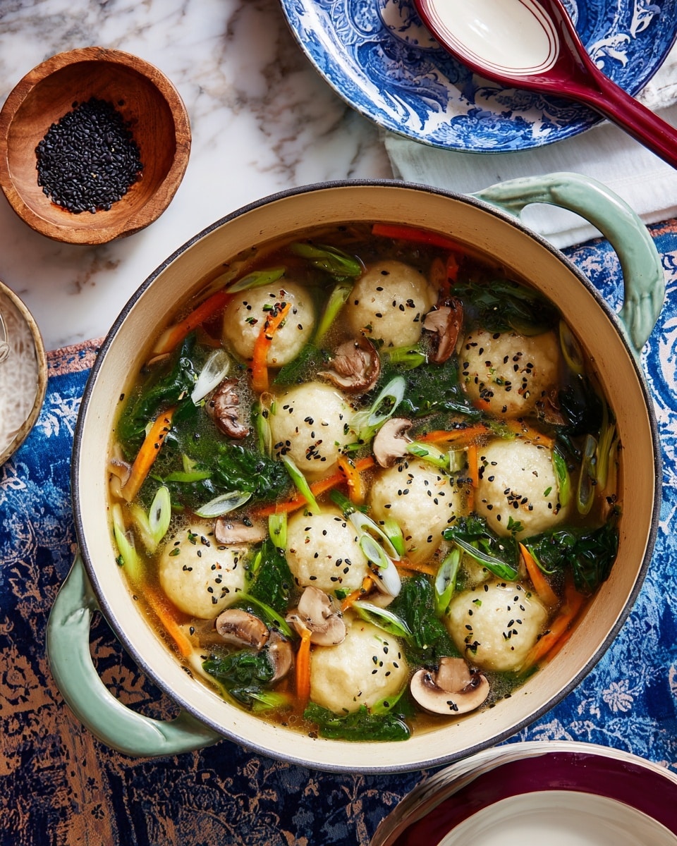 A light green pot full of a soup with two handles, filled with about two layers of round dumplings that are pale beige with smooth texture, sitting in dark brown broth. Floating on the surface are dark green spinach leaves, thin orange carrot strips, sliced brown mushrooms, and chopped light green spring onions scattered on top. Black sesame seeds are sprinkled across the soup, adding texture and contrast. The pot is placed on a blue cloth with a white pattern, and next to it is a white marbled surface with a small wooden dish containing more black seeds, a white plate with a burgundy rim, and a blue textured bowl with a spoon that has a red handle. Photo taken with an iphone --ar 4:5 --v 7