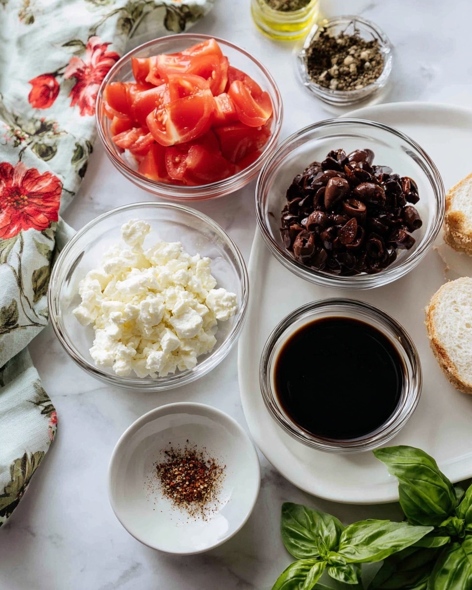 The image shows six small clear glass bowls and a white plate on a white marbled surface. One glass bowl contains bright red tomato, another has dark finely chopped olives, and a third bowl holds soft, white cheese with a crumbly texture. The white plate holds dark balsamic vinegar, which looks thick and glossy. In front, there is a small white plate with mixed spices. A white slice of bread is placed to the right. Some green basil leaves and a floral cloth with red flowers are in the background. photo taken with an iphone --ar 4:5 --v 7