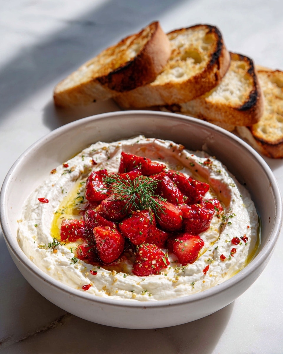 The dish shows one white bowl filled with a thick layer of creamy white cheese spread, creating a soft, wavy texture across the surface. On top, there are bright red chunked strawberries, placed mainly in the center, glistening with a light drizzle of golden olive oil around them. Small green herb bits and red pepper flakes are sprinkled over the cheese and strawberries for extra color. A fresh, small green dill sprig sits directly on top of the strawberries. Behind the bowl, several pieces of toasted bread with a golden brown crust are stacked casually. The whole scene is placed on a white marbled surface with natural light casting soft shadows. Photo taken with an iphone --ar 4:5 --v 7