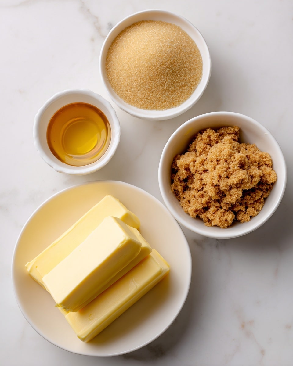The image shows three white bowls on a white marbled surface. The biggest bowl at the bottom holds two large pieces of butter side by side, yellow and smooth in texture. Above it, there are two smaller white bowls; the one on the left is filled with light brown soft sugar, and the one on the right contains darker brown sugar, both fluffy and crumbly in look. In the middle between these sugar bowls, there is a small white cup with a shiny golden liquid inside. The arrangement is neat and spaced out evenly. Photo taken with an iphone --ar 4:5 --v 7