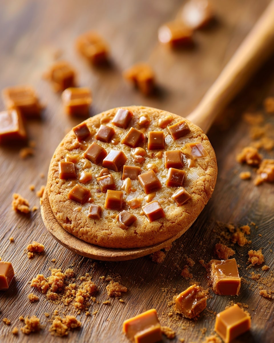 A round cookie with a golden-brown soft texture sits on a wooden spoon. The top of the cookie is decorated with many small caramel-colored square pieces. Around the spoon, there are small caramel pieces and crumb crumbs scattered on a wood-textured surface. The cookie looks thick and chewy with a slightly rough surface. Photo taken with an iphone --ar 4:5 --v 7