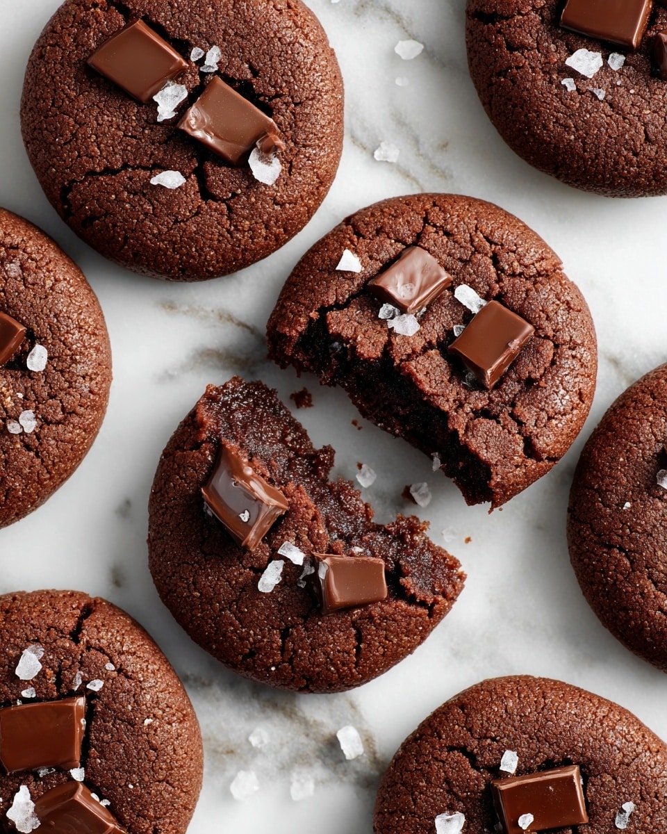 The image shows several round, dark brown chocolate cookies arranged on a white marbled surface. Each cookie has two small, glossy, square pieces of milk chocolate slightly melted into the top layer. Some cookies are whole, while others are split open, revealing a soft, moist interior that contrasts with the slightly crisp outer texture. Large white sea salt flakes are sprinkled on top of the cookies, adding a touch of brightness and texture against the rich brown dough. Photo taken with an iphone --ar 4:5 --v 7