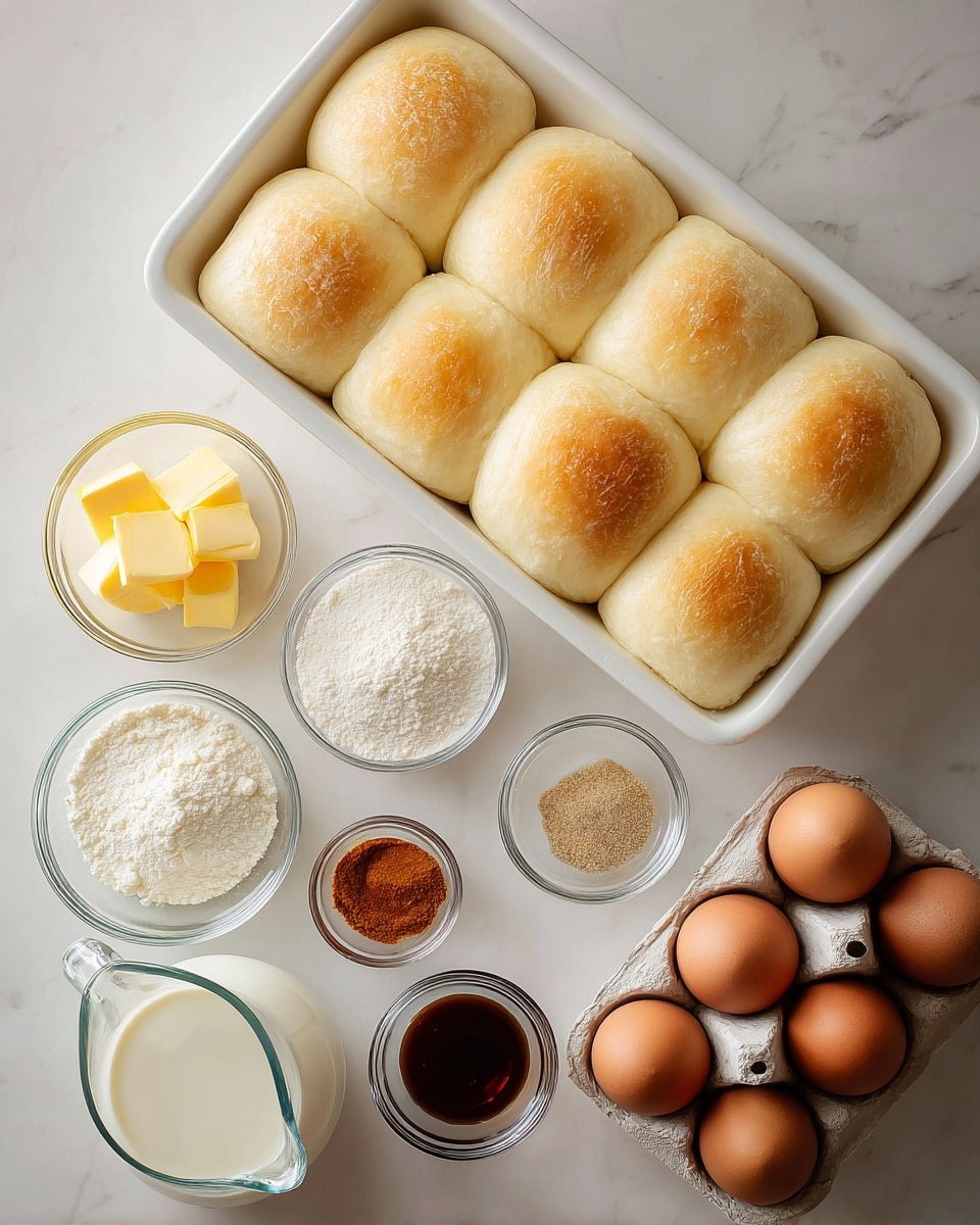 The image shows ingredients for baking arranged on a white marbled surface. There is a loaf of brown bread in clear packaging on the top left next to a box of powdered sugar with blue and yellow colors on the top right. Below these, there are four white eggs placed in a loose row. To the lower left, there is a small glass bowl filled with white milk, and next to it lies a stick of butter wrapped in beige paper. In the center bottom, there is a small dark glass bottle of maple syrup with a label, and near it are two small containers: one red and white for pure vanilla extract and one brown with a light-colored lid for cinnamon. Photo taken with an iphone --ar 4:5 --v 7